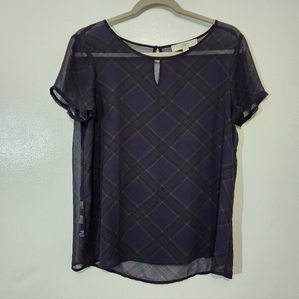 LOFT Women's Plum Purple Sheer Plaid Blouse Top Size Medium M Pull Over Popover